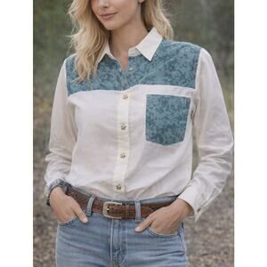 VTG CB Elements Western Floral Shirt White Sheer USA Made L